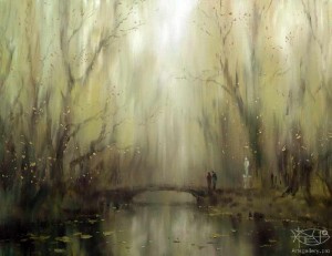 пейзаж , лес и тихая река, двое