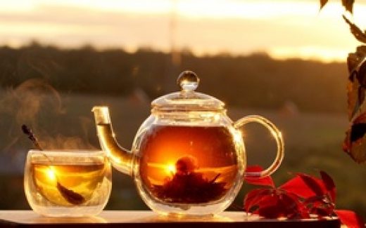 прозрачный заварной чайник и чашка с чаем в лучах солнца