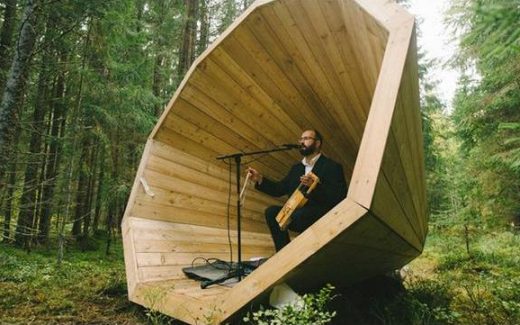 большие деревянные мегафоны в лесу