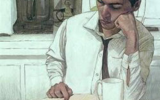 мужчина задумался, рисует рожицу