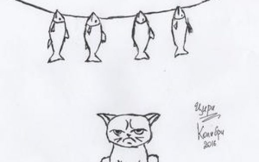 кот и рыбки, рисунок карандашом