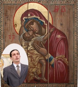 Иконописец Александр Клименко создает на досках - настоящие канонические образы. Это, к примеру, "Богородица с Младенцем"