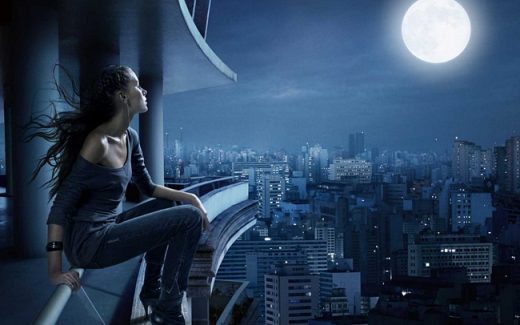 полная луна, девушка, город
