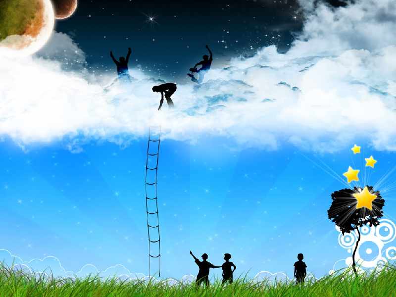 лестница в небо, люди на облаках